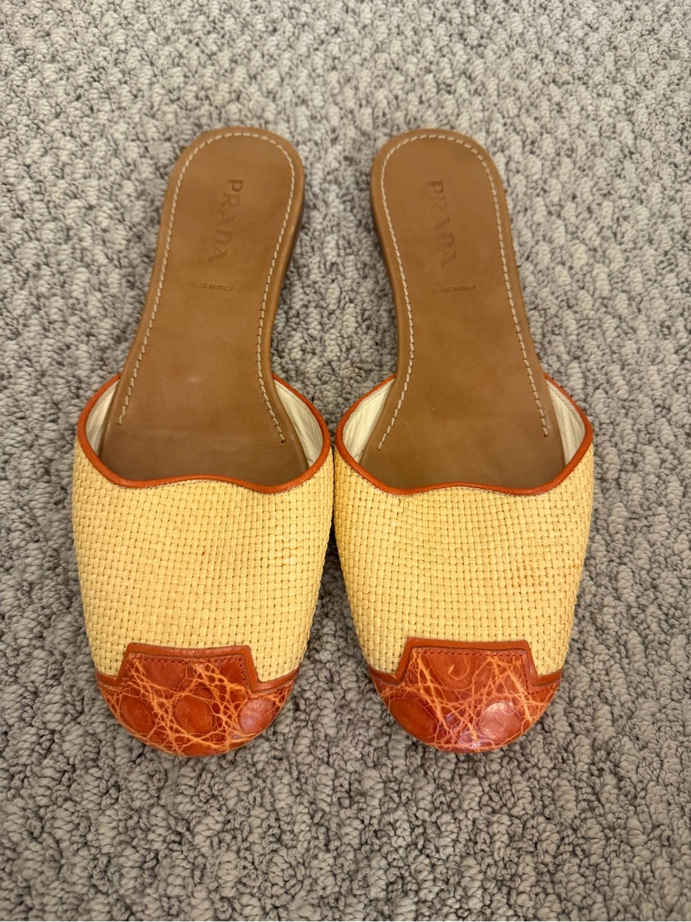 Prada Women's Tan & Orange Raffia Slip-On Mules, Size 38